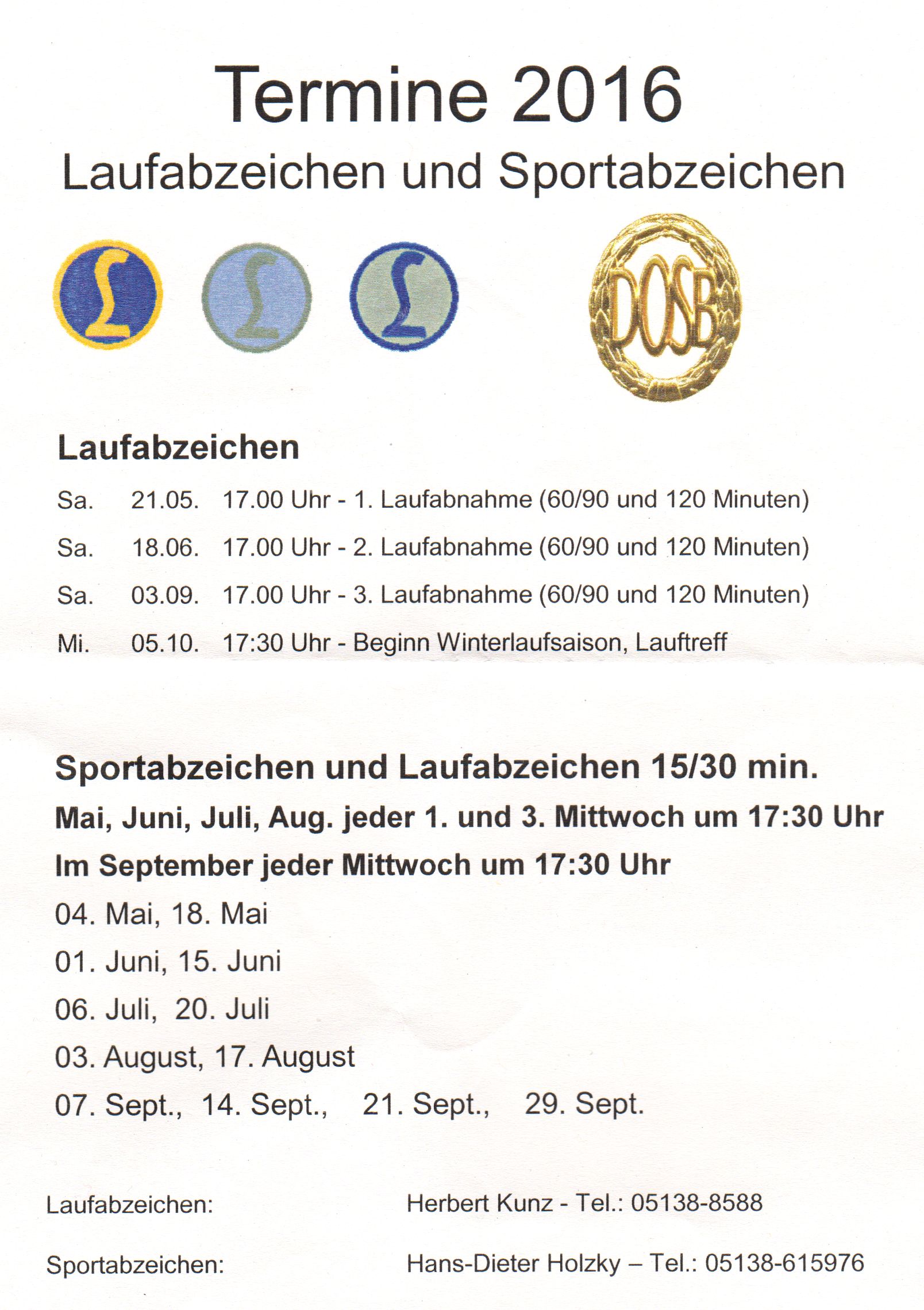 Laufabzeichen und Sportabzeichen - Termine 2016